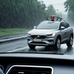 **

> Self-driving car struggling in heavy rain, sensors malfunctioning, blurry vision. Focus on the challenges of autonomous driving in adverse weather conditions.

**