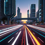 **

A futuristic cityscape at dusk, showcasing autonomous cars seamlessly navigating through traffic. Glowing data streams overlaying the roads, visualizing real-time traffic information flow. Focus on efficiency and safety, with smart infrastructure elements like intelligent traffic lights. Include Arabic script signage, reflecting the target audience.

**