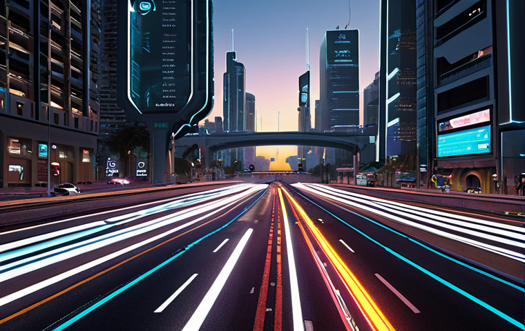 **
A futuristic cityscape at dusk, showcasing autonomous cars seamlessly navigating through traffic. Glowing data streams overlaying the roads, visualizing real-time traffic information flow. Focus on efficiency and safety, with smart infrastructure elements like intelligent traffic lights. Include Arabic script signage, reflecting the target audience.
**