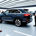 A diverse group of adults and families, fully clothed in modest, appropriate attire, gather around a sleek, modern autonomous vehicle in a bright, spacious technology exhibition hall. They are smiling, engaged in calm discussions, and show expressions of curiosity and trust. A professional, fully clothed demonstrator is gesturing towards the vehicle. The scene conveys a sense of public acceptance and safety, with clean, futuristic architecture in the background. High-resolution professional photography, vibrant colors, perfect anatomy, correct proportions, natural pose, well-formed hands, proper finger count, natural body proportions, safe for work, appropriate content, family-friendly.
