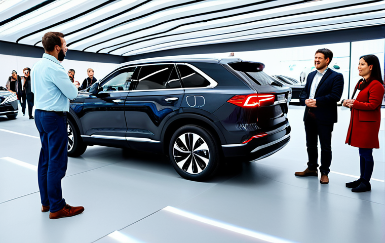 A diverse group of adults and families, fully clothed in modest, appropriate attire, gather around a sleek, modern autonomous vehicle in a bright, spacious technology exhibition hall. They are smiling, engaged in calm discussions, and show expressions of curiosity and trust. A professional, fully clothed demonstrator is gesturing towards the vehicle. The scene conveys a sense of public acceptance and safety, with clean, futuristic architecture in the background. High-resolution professional photography, vibrant colors, perfect anatomy, correct proportions, natural pose, well-formed hands, proper finger count, natural body proportions, safe for work, appropriate content, family-friendly.