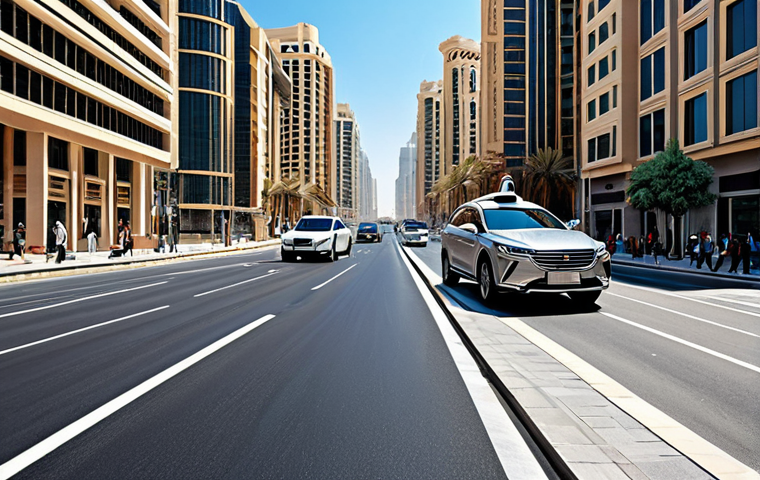 **

"A modern cityscape in the Middle East, showcasing self-driving cars seamlessly integrated into the urban environment, fully clothed pedestrians safely crossing streets, advanced traffic management systems visible, modest buildings in the background, daytime, clear sky, safe for work, appropriate content, professional, perfect anatomy, natural proportions, professional photography, high quality."

**