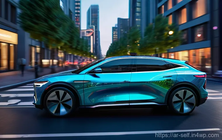 자율주행차의 내비게이션 시스템 발전 - **Prompt:** A sleek, futuristic autonomous vehicle glides smoothly through a vibrant urban landscape...