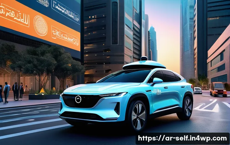 자율주행차의 법적 규제 현황 - A futuristic urban scene in a Middle Eastern city at dusk, showcasing a sleek self-driving car navig...