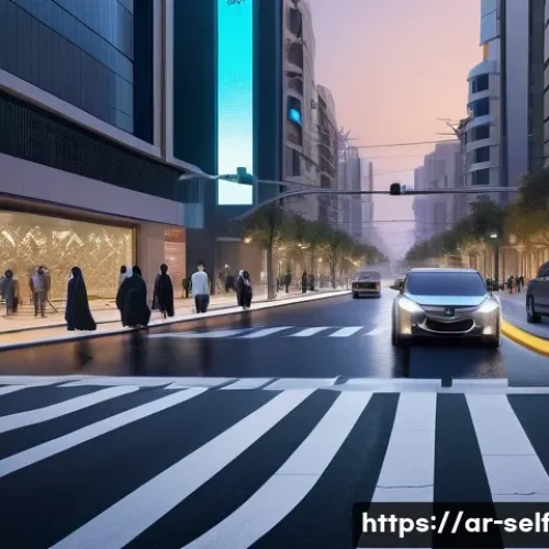 자율주행차의 정책 대응 전략 - A futuristic urban street scene in a Middle Eastern city at dusk, showcasing autonomous cars equippe...
