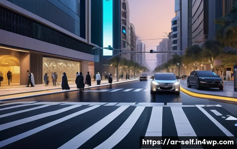 자율주행차의 정책 대응 전략 - A futuristic urban street scene in a Middle Eastern city at dusk, showcasing autonomous cars equippe...
