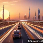 자율주행 기술의 국제 경쟁력 비교 - A futuristic smart city road scene in the Middle East at sunset, featuring advanced infrastructure f...