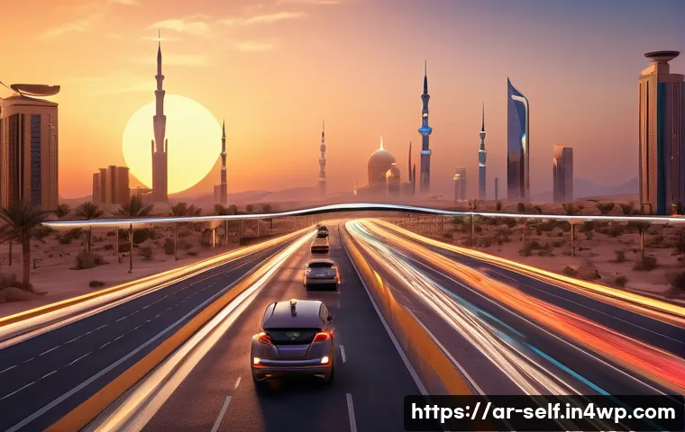 자율주행 기술의 국제 경쟁력 비교 - A futuristic smart city road scene in the Middle East at sunset, featuring advanced infrastructure f...