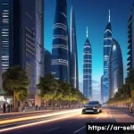 자율주행차의 교통 체계 변화 - A futuristic smart city street scene in a Middle Eastern urban environment during the evening, showc...