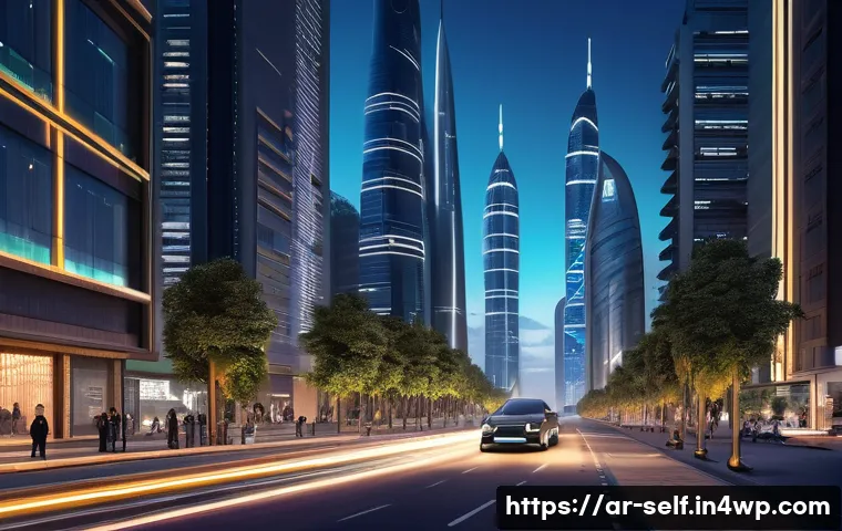 자율주행차의 교통 체계 변화 - A futuristic smart city street scene in a Middle Eastern urban environment during the evening, showc...