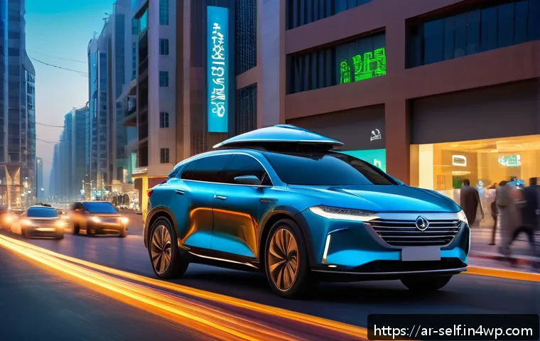 자율주행차의 사고 책임 문제 - A detailed futuristic urban scene in a Middle Eastern city at dusk, featuring a sleek fully autonomo...