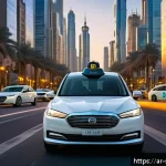 자율주행차의 모빌리티 서비스 사례 - A futuristic autonomous taxi operating in a bustling Middle Eastern cityscape at dusk, featuring sle...