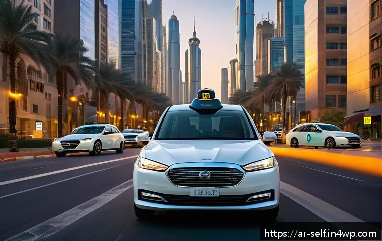 자율주행차의 모빌리티 서비스 사례 - A futuristic autonomous taxi operating in a bustling Middle Eastern cityscape at dusk, featuring sle...