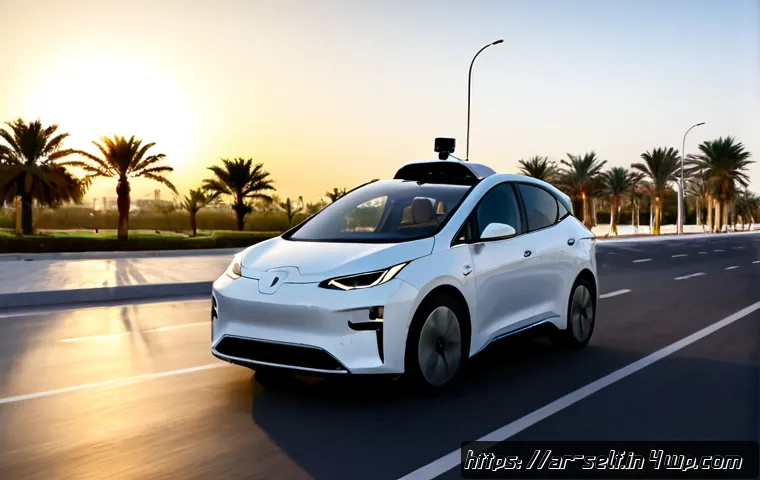 Home 17 자율주행차의 주행 데이터 활용 방안 - Photorealistic autonomous electric car driving along a clean modern boulevard in a Gulf Arab city at...