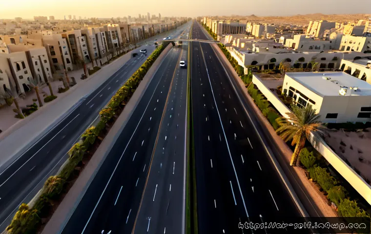 자율주행차가 교통 혼잡에 미치는 영향 - Photorealistic wide-angle aerial view of a modern Gulf city boulevard at golden hour, autonomous ele...