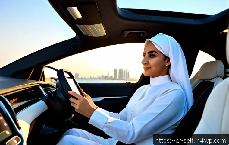 자율주행차의 스마트폰 연동 기능 - Photorealistic interior of a modern autonomous electric car driving smoothly through a sunlit Gulf c...